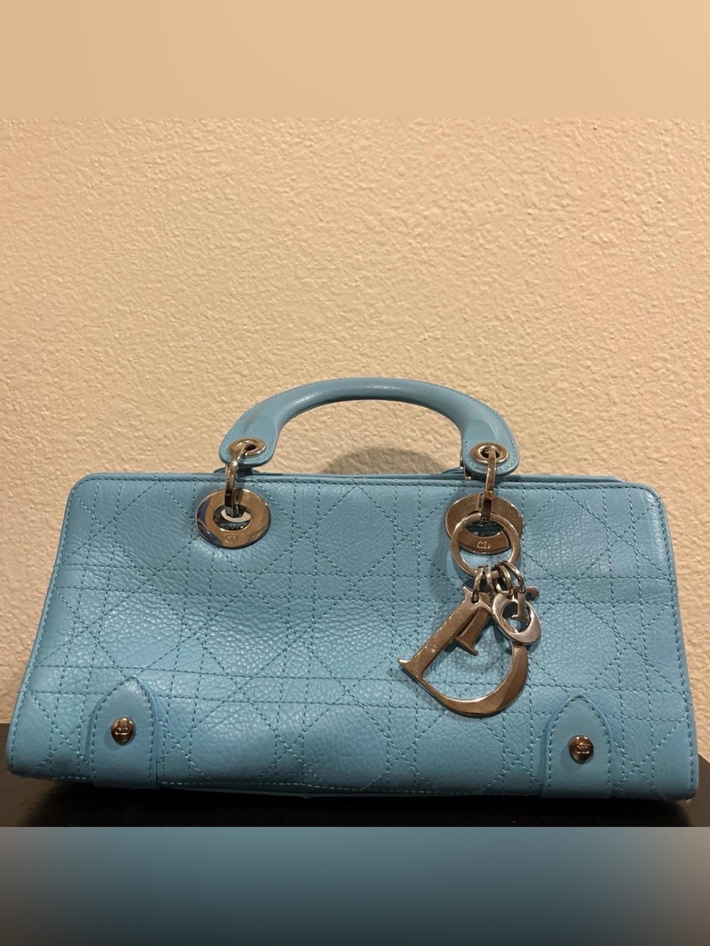 vintage sky blue christian dior mini bag with metal hardware charms